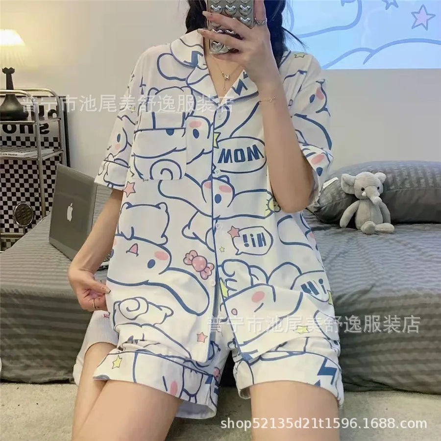 Sanrio Kawaii Kuromi Cinnamoroll Pajamas Summer Cartoon My Melody Hello Kitty Short-Sleeved Thin Home Clothes Adult Toy for Girl