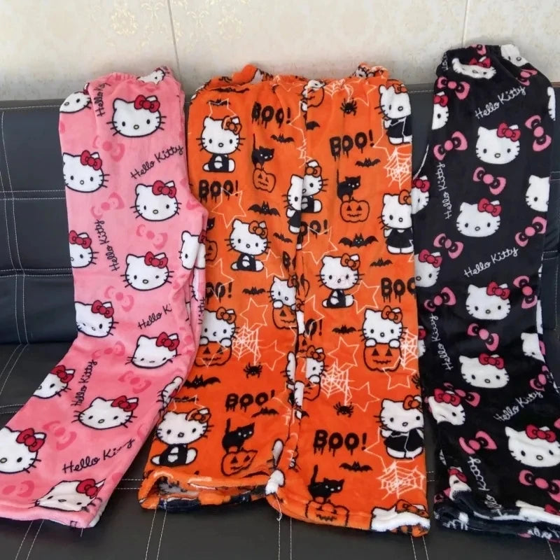 Sanrio Hello Kitty Flannel Pajamas Black Women's Warm Woolen Cartoon Casual Home Pants In Autumn Winter Fashion Trousers