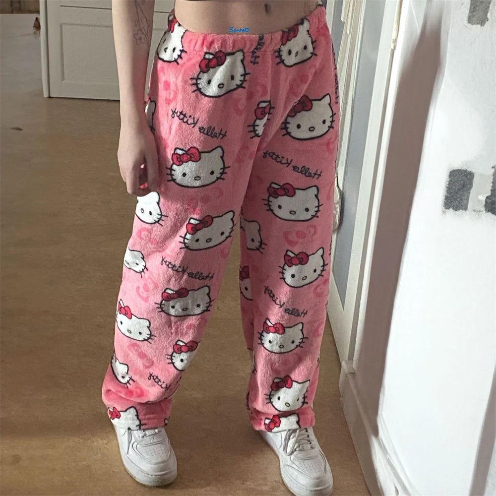 Cute Hello Kitty Pajama Pants Christmas Sanrio Anime Y2k Cartoon Flannel Soft Kawaii Women Casual Home Trousers Festival Gifts