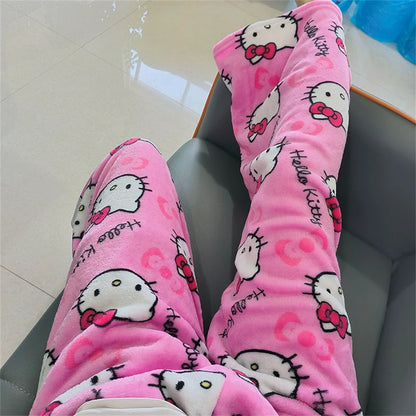 Anime Sanrio Hello Kitty Pajamas Pants Kawaii Unisex Autumn Winter Warm Y2k Flannel Cute Sleepwear Trendy Cartoon Home Clothes