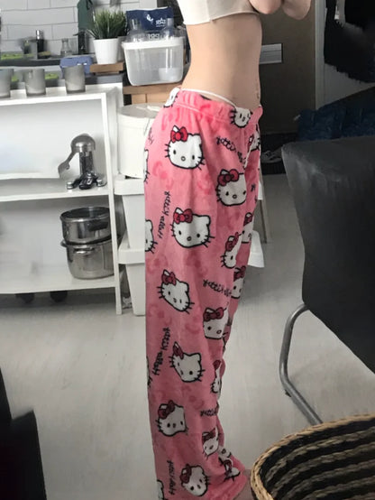 Cute Hello Kitty Pajama Pants Christmas Sanrio Anime Y2k Cartoon Flannel Soft Kawaii Women Casual Home Trousers Festival Gifts