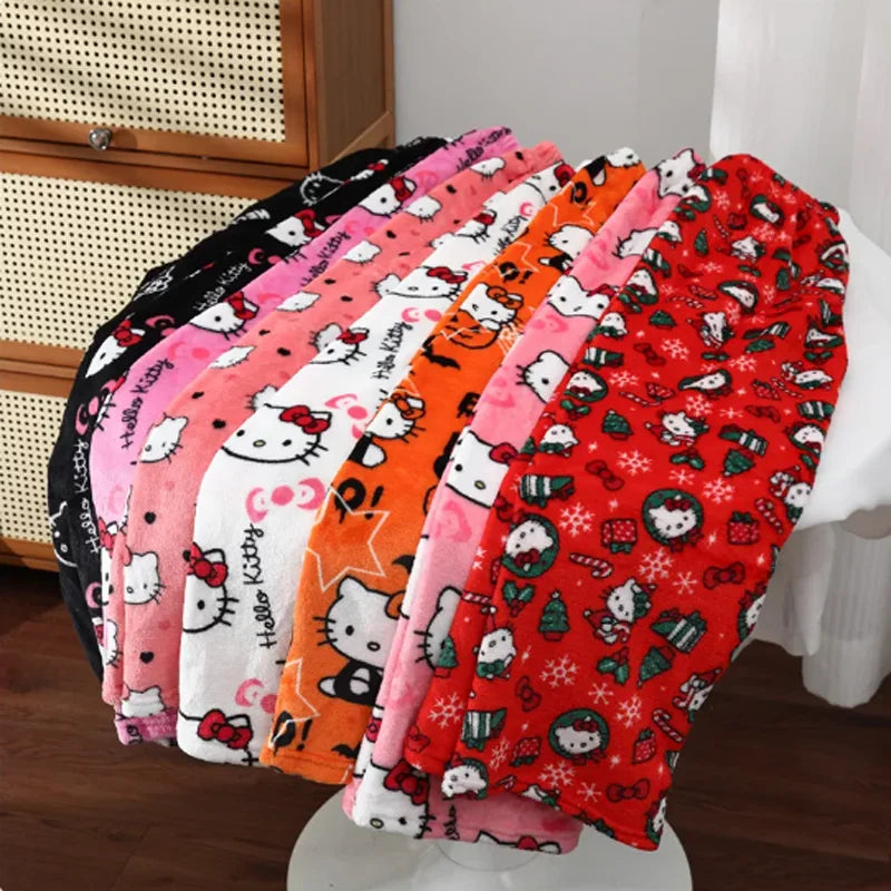 Hello Kitty Cute Sanrio Cartoon Pajamas Anime Pants Multicolour Flannel Women Casual Home Fashion Trousers Girl Clothes Gift