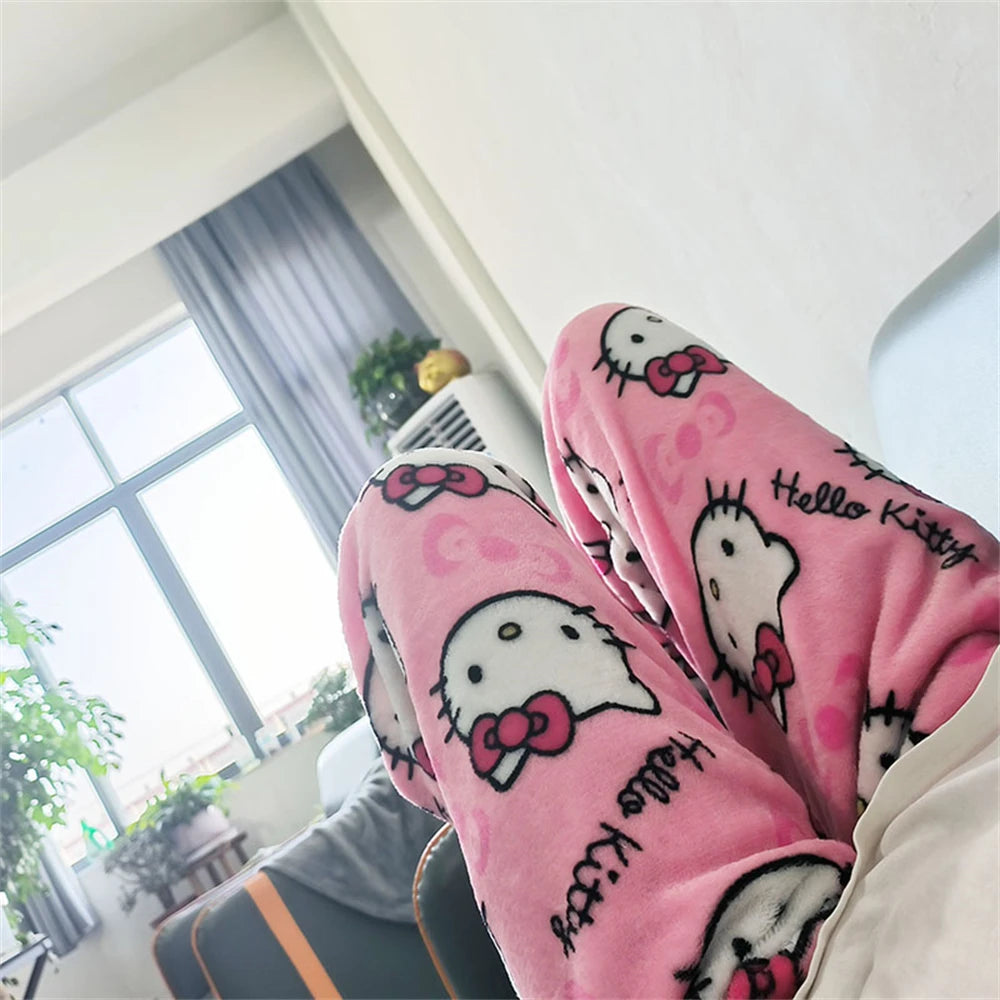 Anime Sanrio Hello Kitty Pajamas Pants Kawaii Unisex Autumn Winter Warm Y2k Flannel Cute Sleepwear Trendy Cartoon Home Clothes