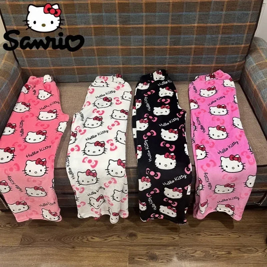 Flannel Pajamas Hello Kitty Thickened Fleece Warm Casual Home Pants Women's Autumn Winter Cartoon Hip Hop Trousers